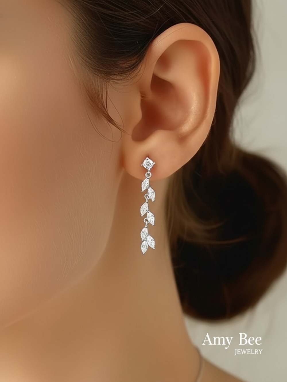 White Gold Plated  CZ Leaf Drop Earrings. New. - Picture 4 of 7